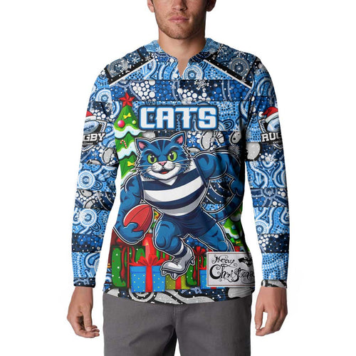 Custom Cats Rugby Merry Christmas Button Sweatshirt Indigenous Australian Art