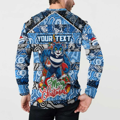 Custom Cats Rugby Merry Christmas Button Sweatshirt Indigenous Australian Art