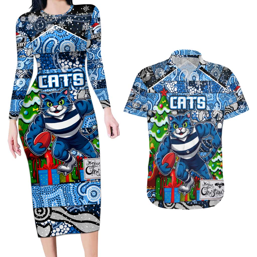 Custom Cats Rugby Merry Christmas Couples Matching Long Sleeve Bodycon Dress and Hawaiian Shirt Indigenous Australian Art