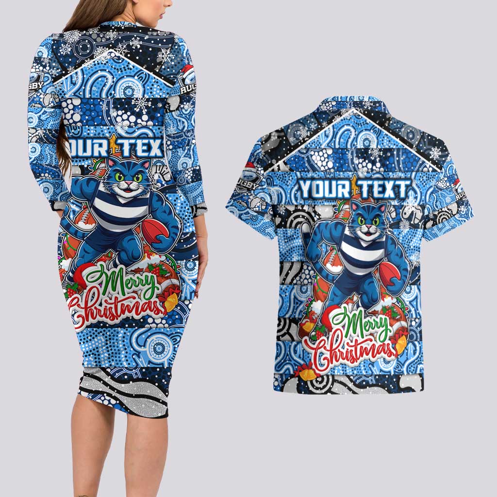 Custom Cats Rugby Merry Christmas Couples Matching Long Sleeve Bodycon Dress and Hawaiian Shirt Indigenous Australian Art