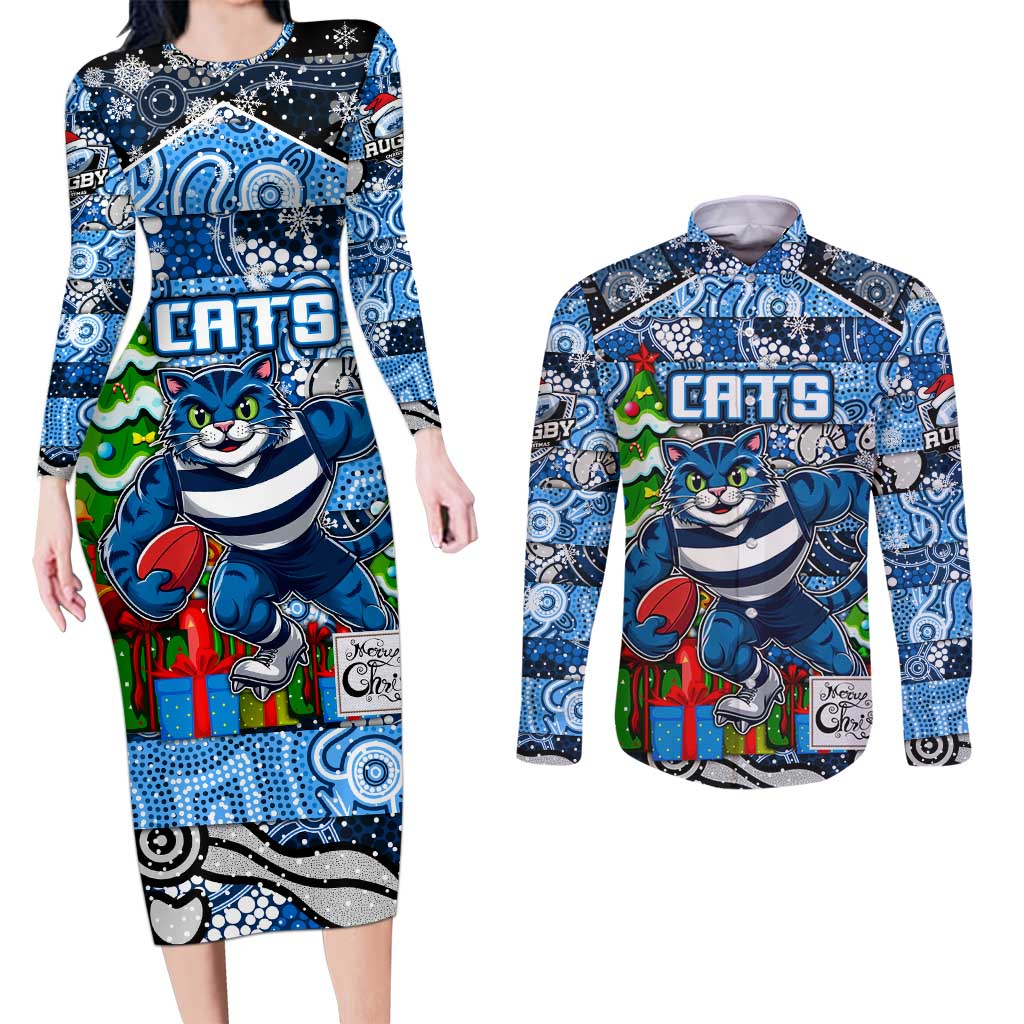 Custom Cats Rugby Merry Christmas Couples Matching Long Sleeve Bodycon Dress and Long Sleeve Button Shirt Indigenous Australian Art