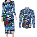 Custom Cats Rugby Merry Christmas Couples Matching Long Sleeve Bodycon Dress and Long Sleeve Button Shirt Indigenous Australian Art