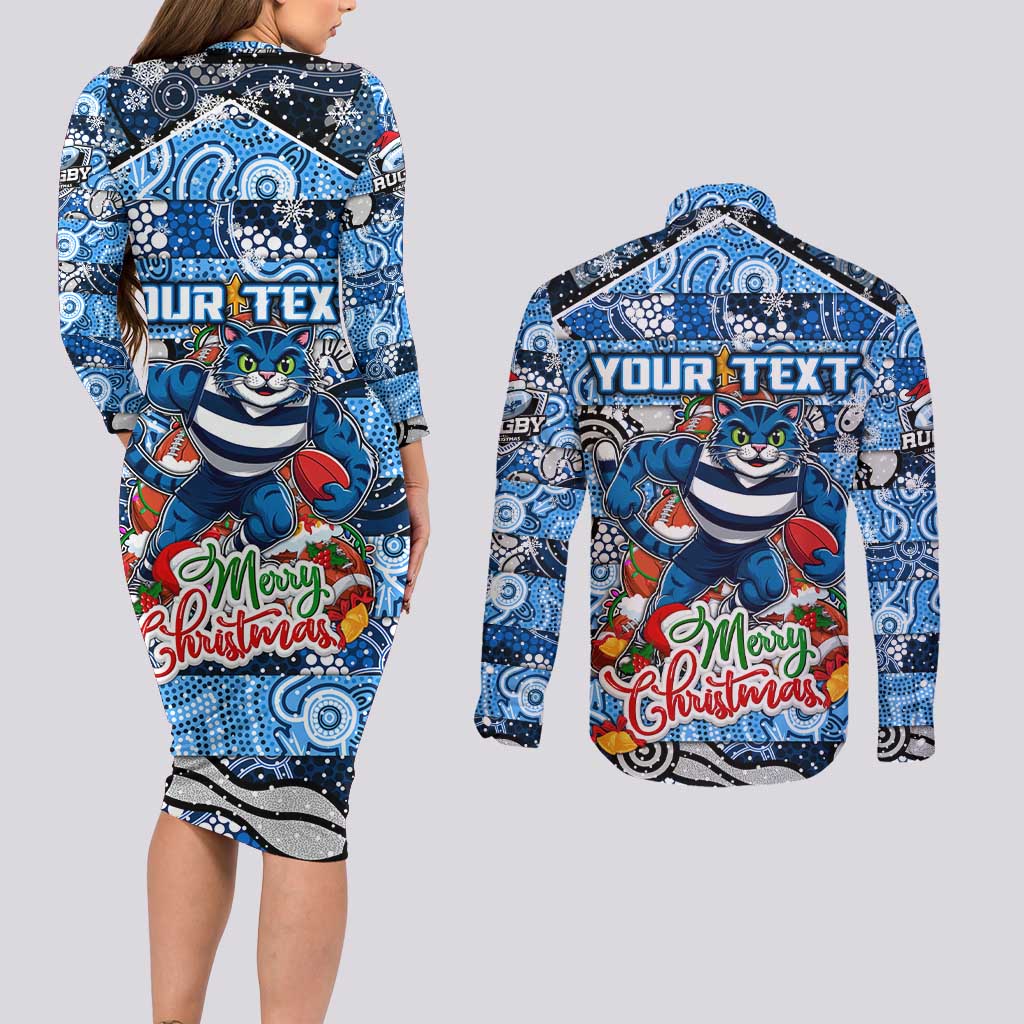 Custom Cats Rugby Merry Christmas Couples Matching Long Sleeve Bodycon Dress and Long Sleeve Button Shirt Indigenous Australian Art