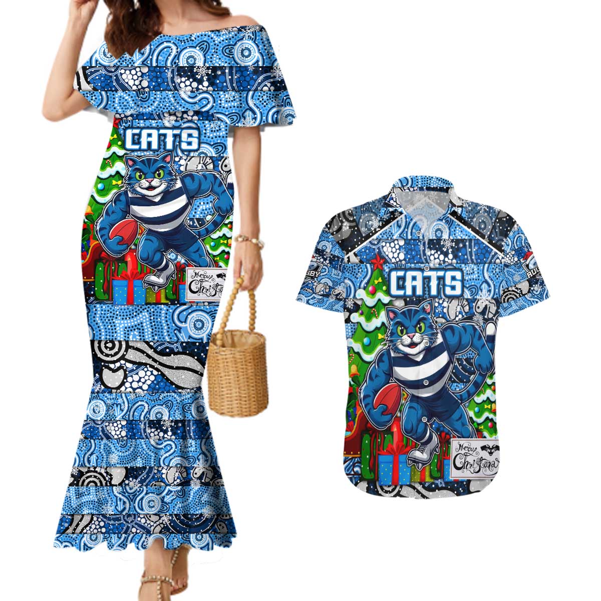 Custom Cats Rugby Merry Christmas Couples Matching Mermaid Dress and Hawaiian Shirt Indigenous Australian Art