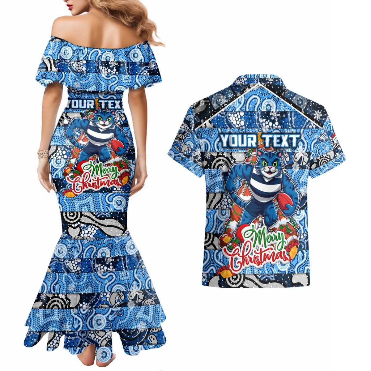 Custom Cats Rugby Merry Christmas Couples Matching Mermaid Dress and Hawaiian Shirt Indigenous Australian Art