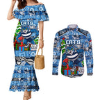 Custom Cats Rugby Merry Christmas Couples Matching Mermaid Dress and Long Sleeve Button Shirt Indigenous Australian Art