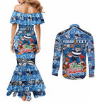 Custom Cats Rugby Merry Christmas Couples Matching Mermaid Dress and Long Sleeve Button Shirt Indigenous Australian Art