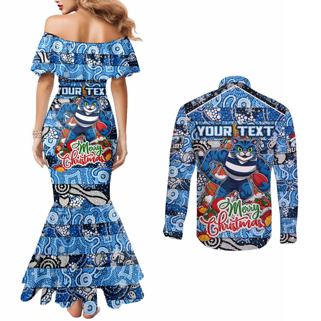 Custom Cats Rugby Merry Christmas Couples Matching Mermaid Dress and Long Sleeve Button Shirt Indigenous Australian Art