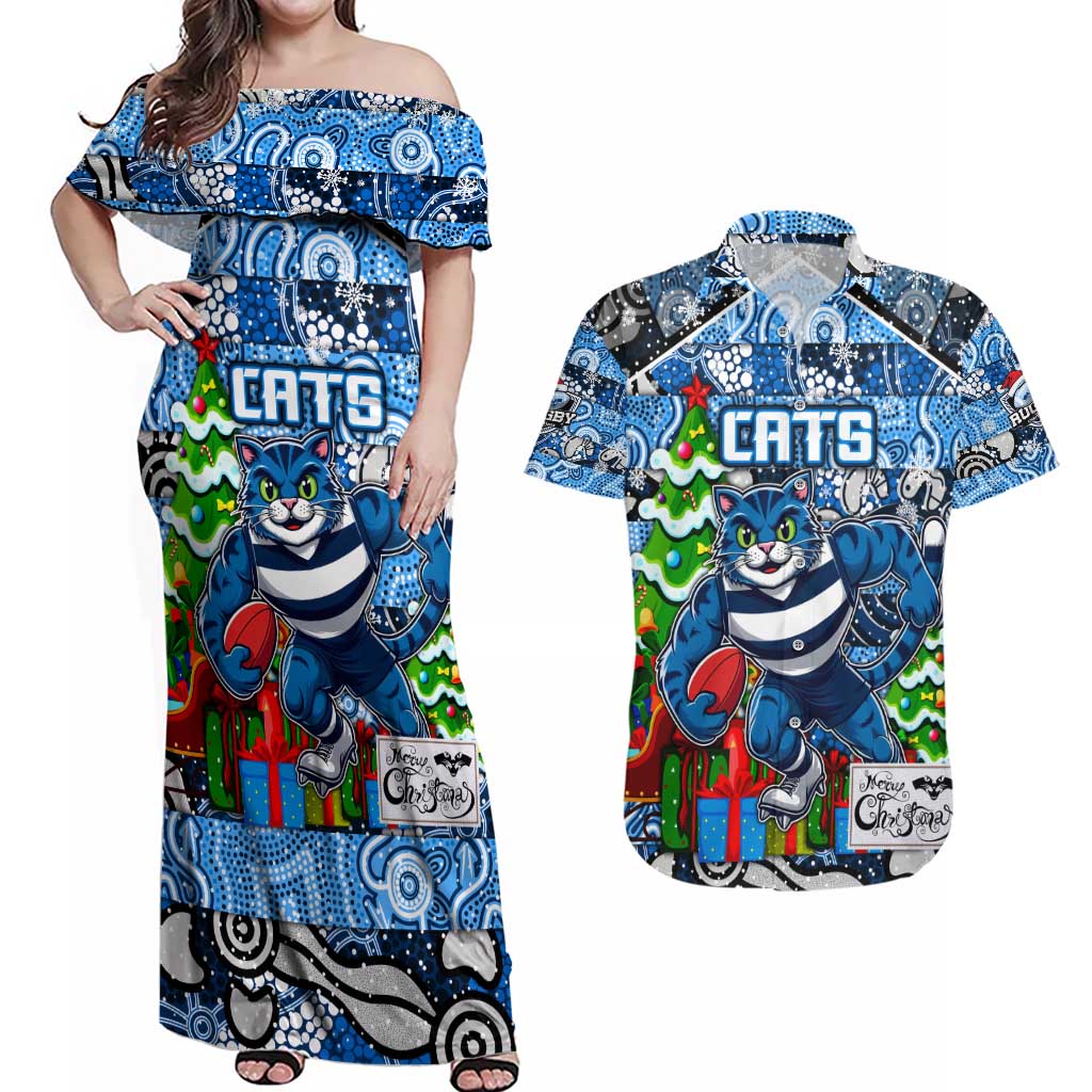 Custom Cats Rugby Merry Christmas Couples Matching Off Shoulder Maxi Dress and Hawaiian Shirt Indigenous Australian Art
