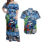 Custom Cats Rugby Merry Christmas Couples Matching Off Shoulder Maxi Dress and Hawaiian Shirt Indigenous Australian Art