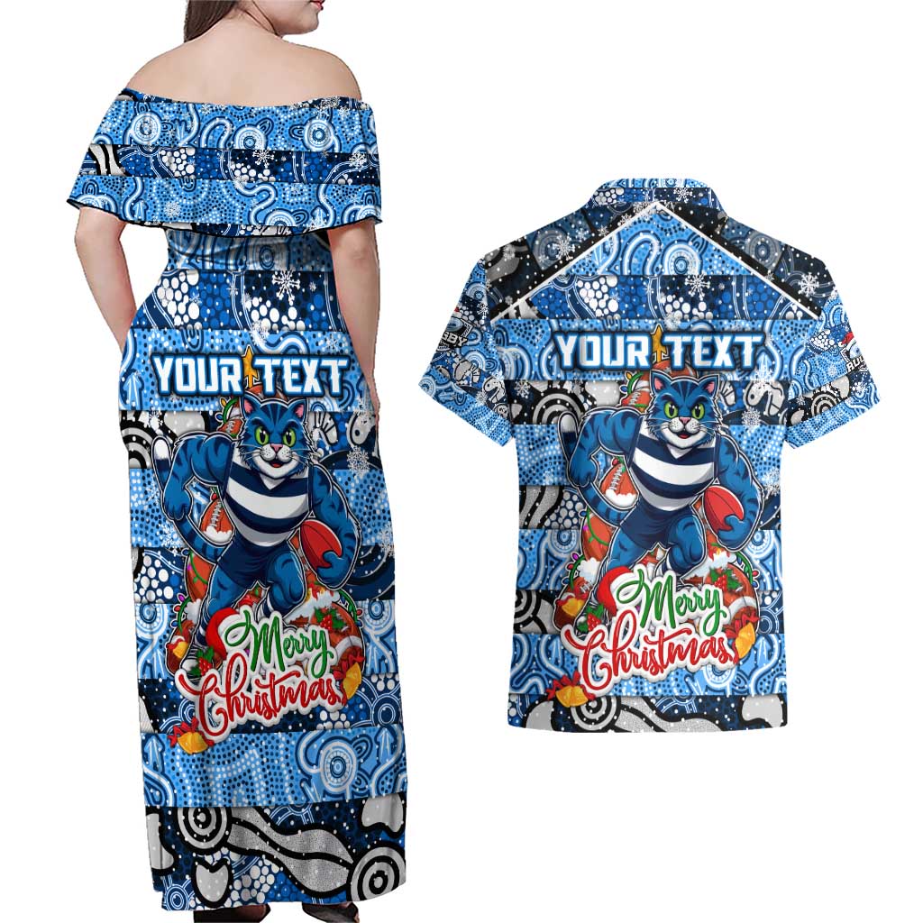 Custom Cats Rugby Merry Christmas Couples Matching Off Shoulder Maxi Dress and Hawaiian Shirt Indigenous Australian Art