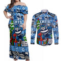 Custom Cats Rugby Merry Christmas Couples Matching Off Shoulder Maxi Dress and Long Sleeve Button Shirt Indigenous Australian Art