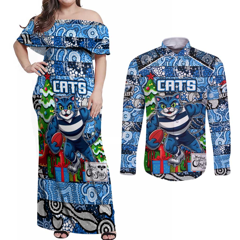 Custom Cats Rugby Merry Christmas Couples Matching Off Shoulder Maxi Dress and Long Sleeve Button Shirt Indigenous Australian Art