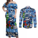 Custom Cats Rugby Merry Christmas Couples Matching Off Shoulder Maxi Dress and Long Sleeve Button Shirt Indigenous Australian Art