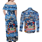 Custom Cats Rugby Merry Christmas Couples Matching Off Shoulder Maxi Dress and Long Sleeve Button Shirt Indigenous Australian Art