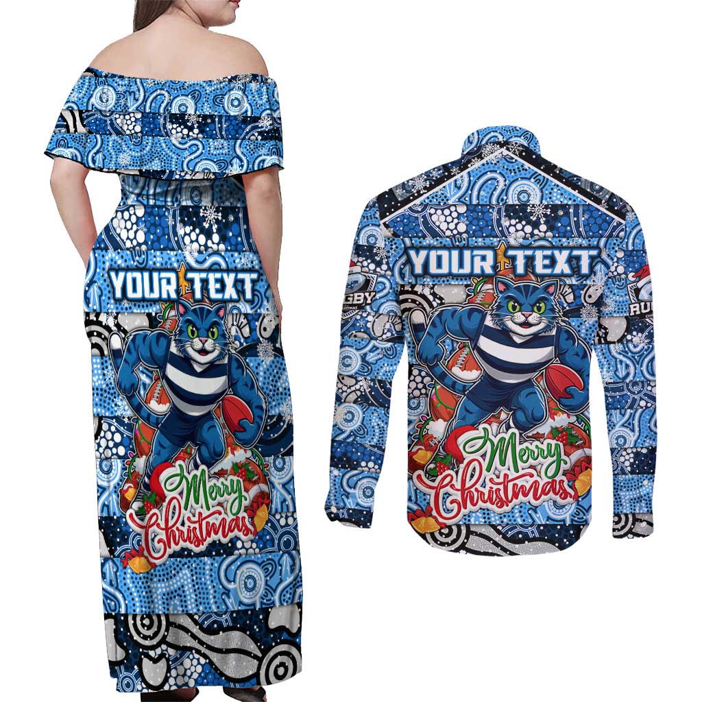 Custom Cats Rugby Merry Christmas Couples Matching Off Shoulder Maxi Dress and Long Sleeve Button Shirt Indigenous Australian Art