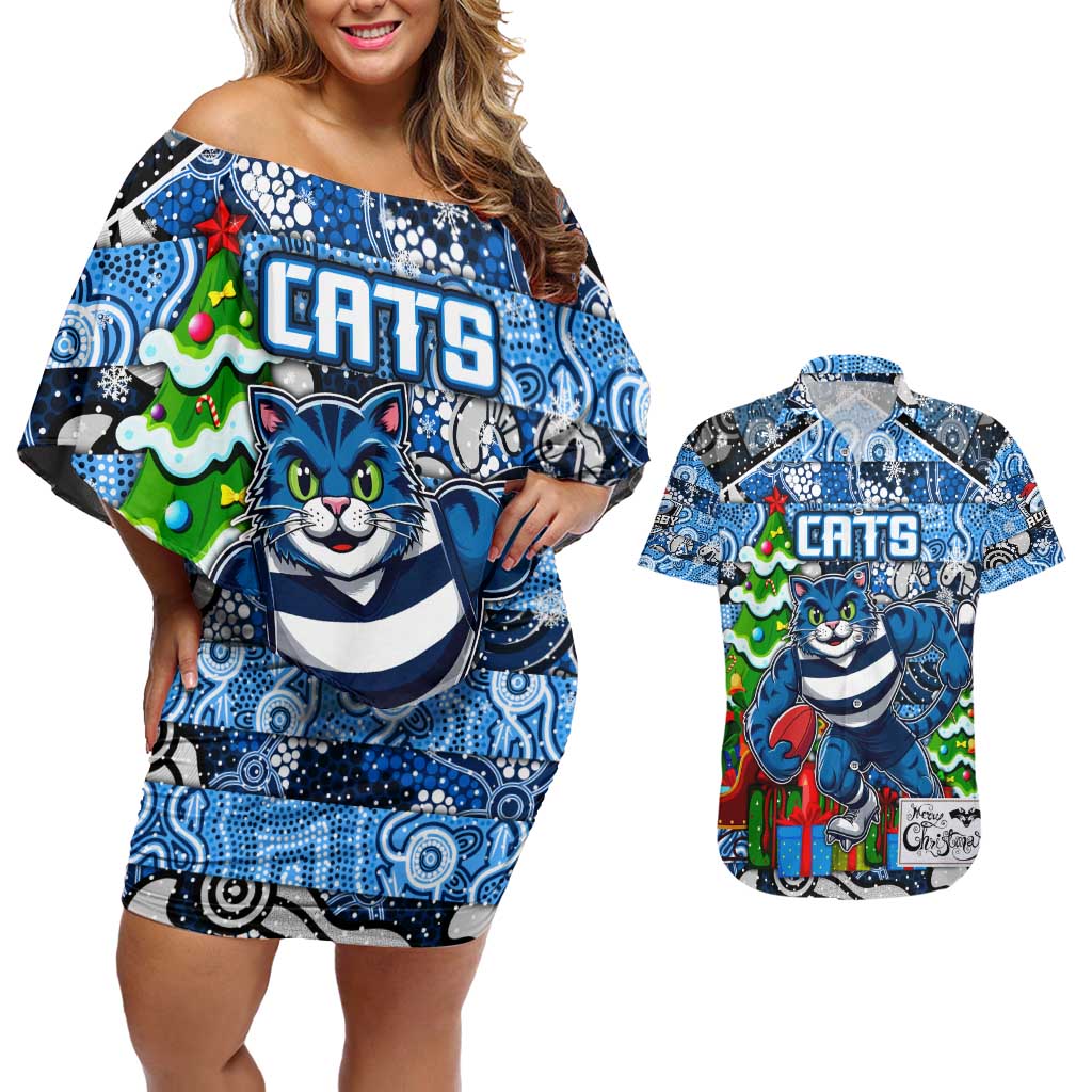 Custom Cats Rugby Merry Christmas Couples Matching Off Shoulder Short Dress and Hawaiian Shirt Indigenous Australian Art