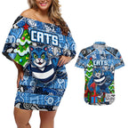 Custom Cats Rugby Merry Christmas Couples Matching Off Shoulder Short Dress and Hawaiian Shirt Indigenous Australian Art