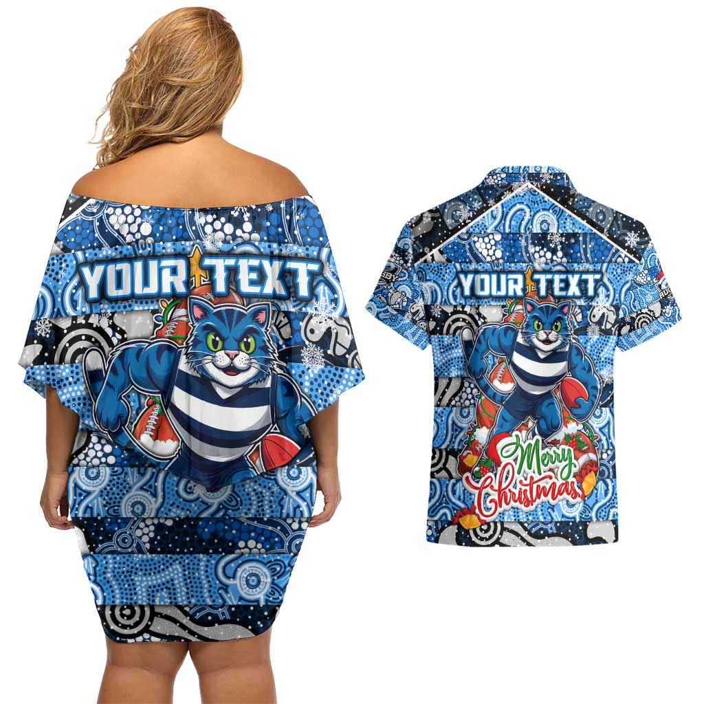 Custom Cats Rugby Merry Christmas Couples Matching Off Shoulder Short Dress and Hawaiian Shirt Indigenous Australian Art