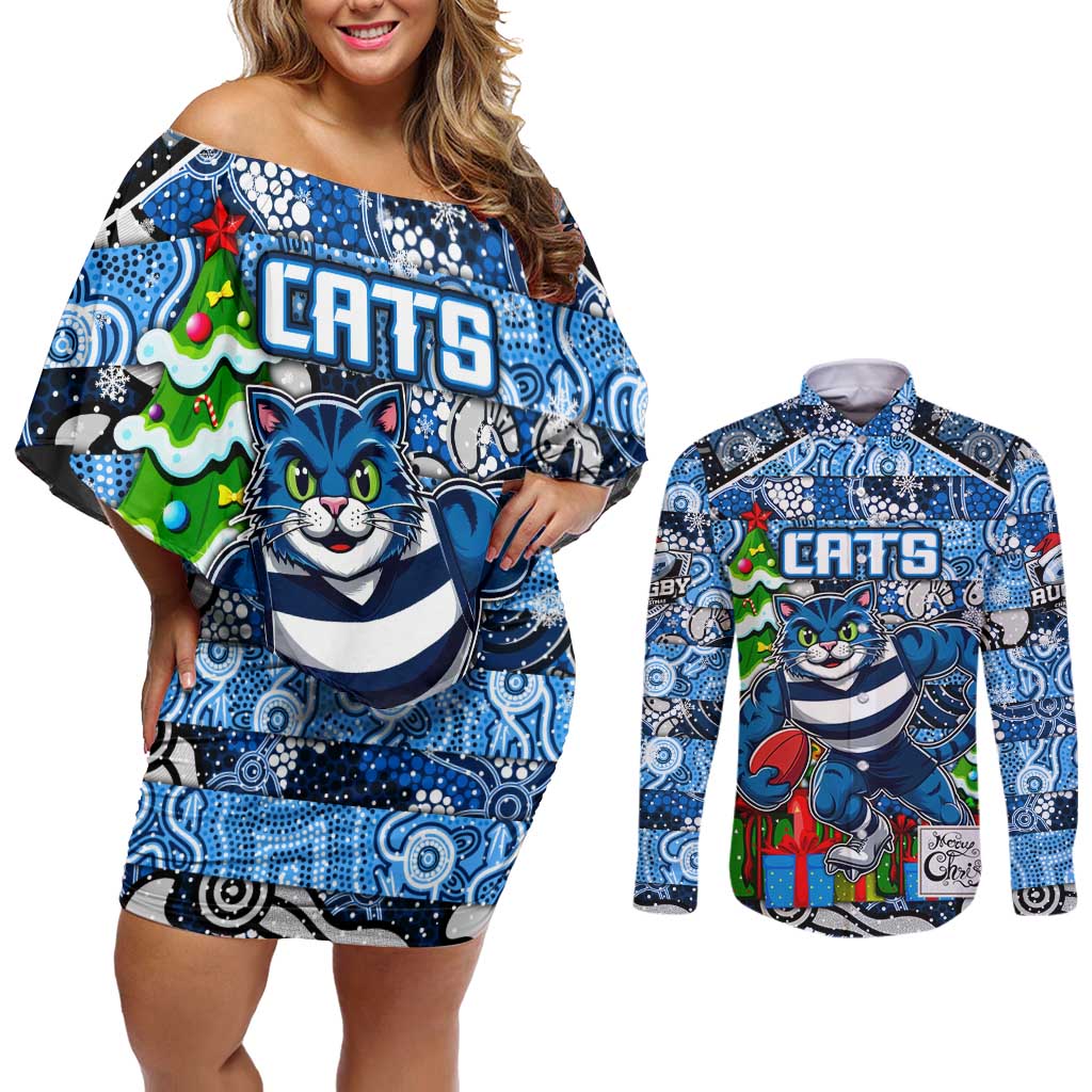 Custom Cats Rugby Merry Christmas Couples Matching Off Shoulder Short Dress and Long Sleeve Button Shirt Indigenous Australian Art