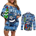 Custom Cats Rugby Merry Christmas Couples Matching Off Shoulder Short Dress and Long Sleeve Button Shirt Indigenous Australian Art