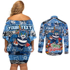 Custom Cats Rugby Merry Christmas Couples Matching Off Shoulder Short Dress and Long Sleeve Button Shirt Indigenous Australian Art