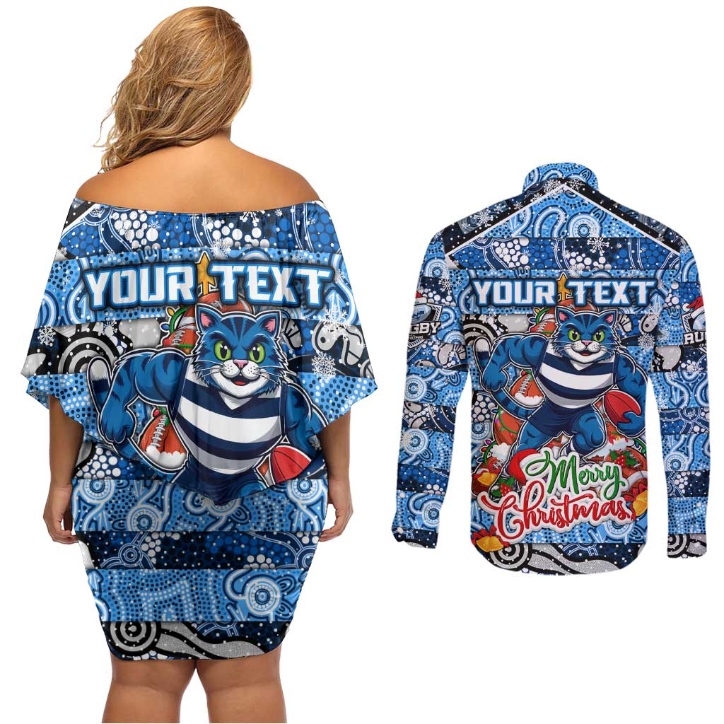 Custom Cats Rugby Merry Christmas Couples Matching Off Shoulder Short Dress and Long Sleeve Button Shirt Indigenous Australian Art