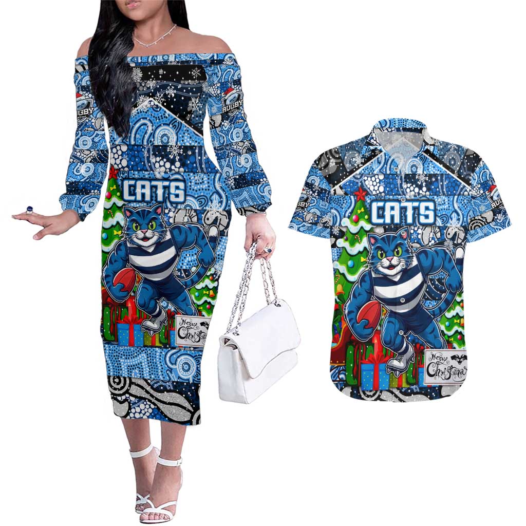 Custom Cats Rugby Merry Christmas Couples Matching Off The Shoulder Long Sleeve Dress and Hawaiian Shirt Indigenous Australian Art