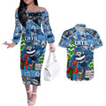 Custom Cats Rugby Merry Christmas Couples Matching Off The Shoulder Long Sleeve Dress and Hawaiian Shirt Indigenous Australian Art
