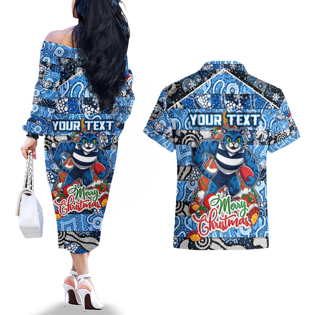 Custom Cats Rugby Merry Christmas Couples Matching Off The Shoulder Long Sleeve Dress and Hawaiian Shirt Indigenous Australian Art