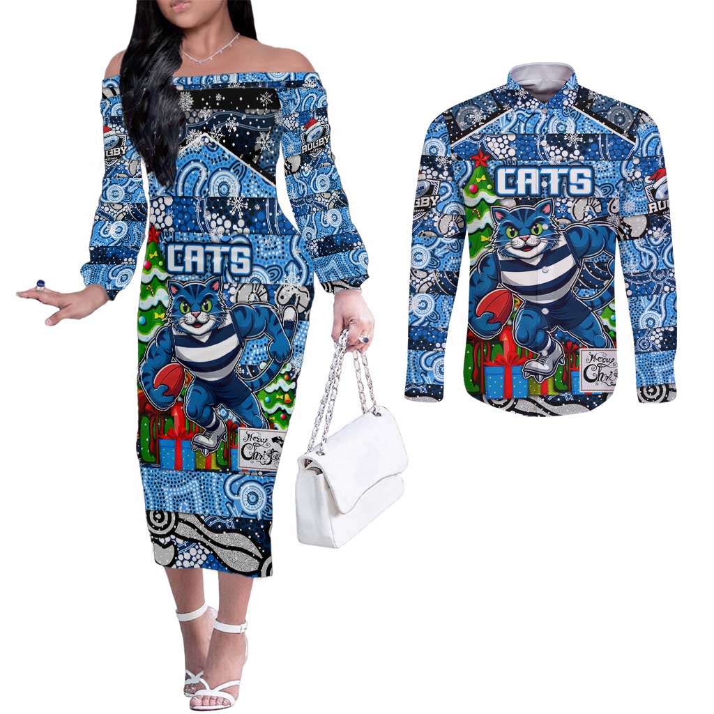 Custom Cats Rugby Merry Christmas Couples Matching Off The Shoulder Long Sleeve Dress and Long Sleeve Button Shirt Indigenous Australian Art