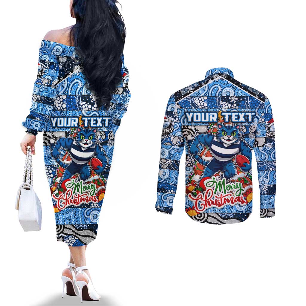 Custom Cats Rugby Merry Christmas Couples Matching Off The Shoulder Long Sleeve Dress and Long Sleeve Button Shirt Indigenous Australian Art