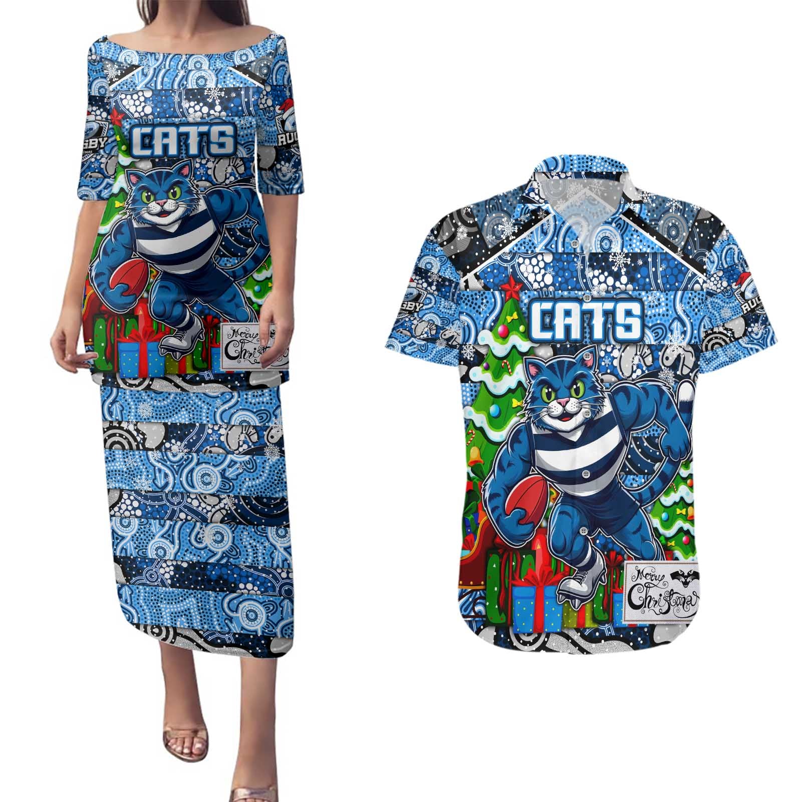 Custom Cats Rugby Merry Christmas Couples Matching Puletasi and Hawaiian Shirt Indigenous Australian Art
