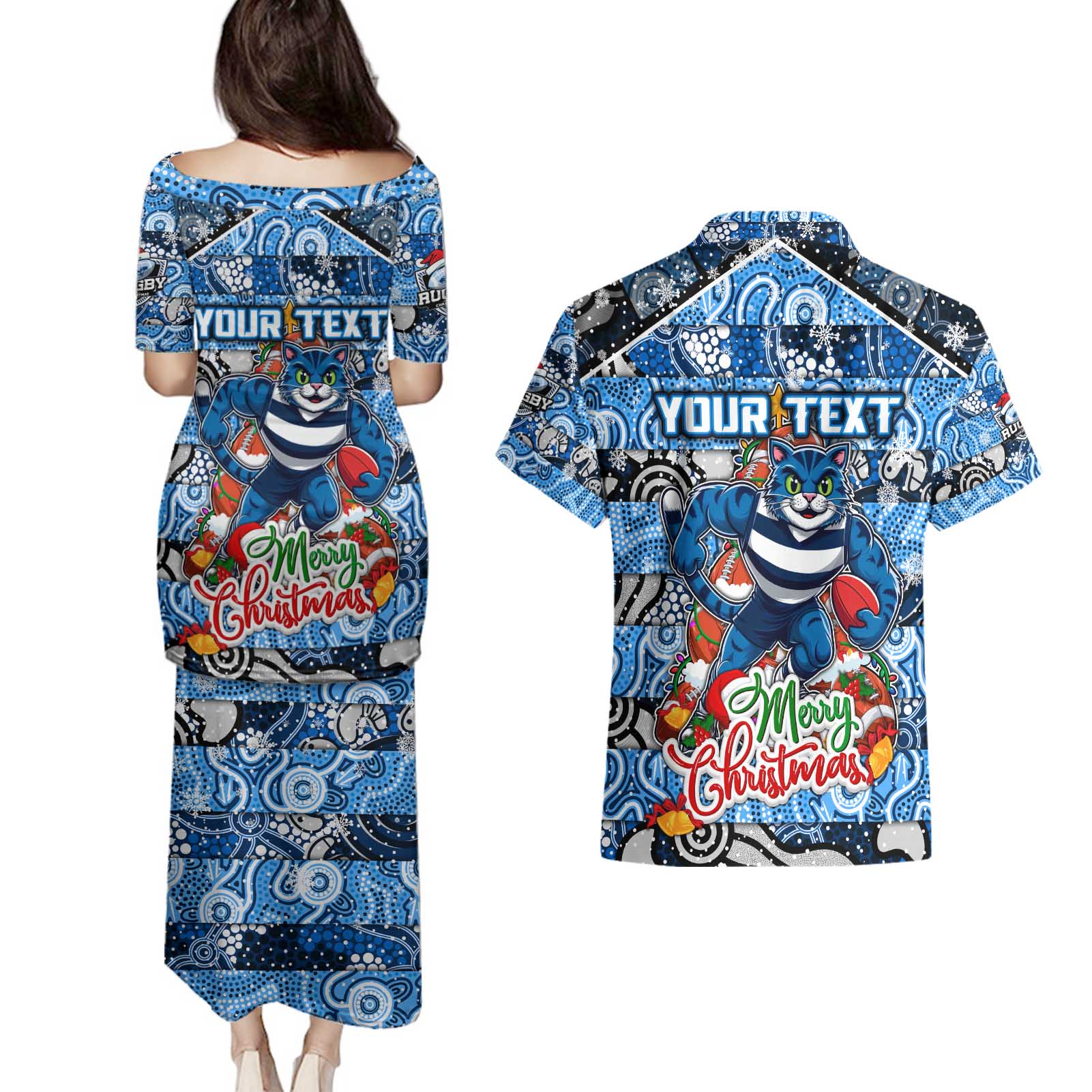 Custom Cats Rugby Merry Christmas Couples Matching Puletasi and Hawaiian Shirt Indigenous Australian Art