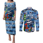 Custom Cats Rugby Merry Christmas Couples Matching Puletasi and Long Sleeve Button Shirt Indigenous Australian Art