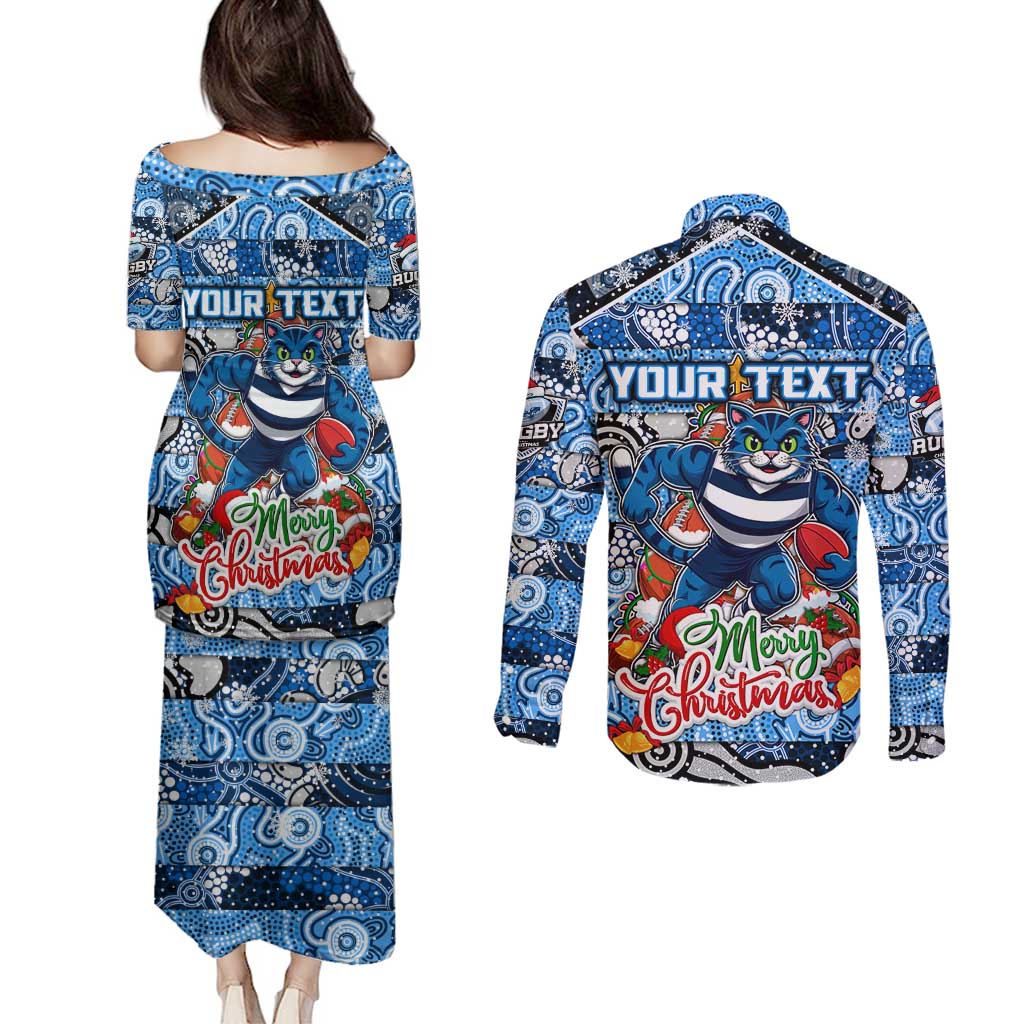 Custom Cats Rugby Merry Christmas Couples Matching Puletasi and Long Sleeve Button Shirt Indigenous Australian Art