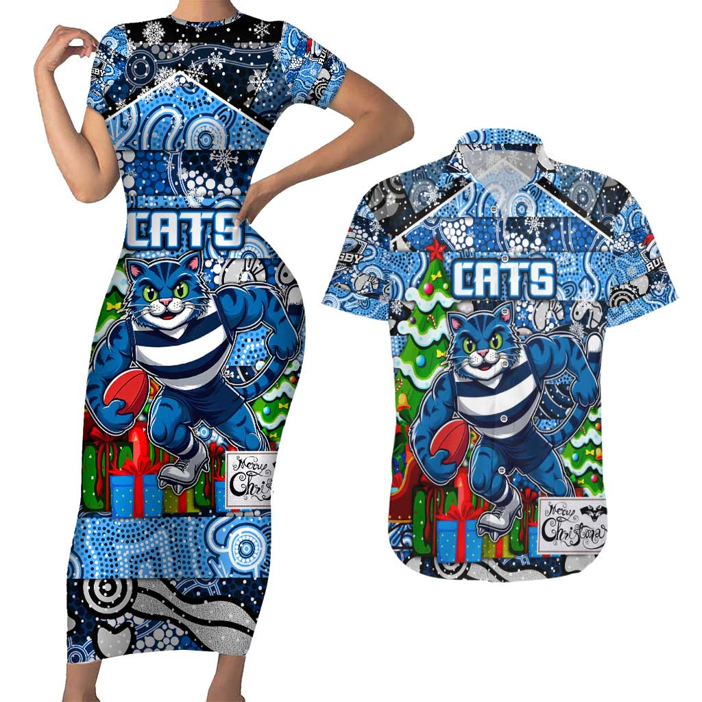 Custom Cats Rugby Merry Christmas Couples Matching Short Sleeve Bodycon Dress and Hawaiian Shirt Indigenous Australian Art