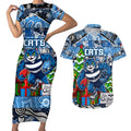 Custom Cats Rugby Merry Christmas Couples Matching Short Sleeve Bodycon Dress and Hawaiian Shirt Indigenous Australian Art