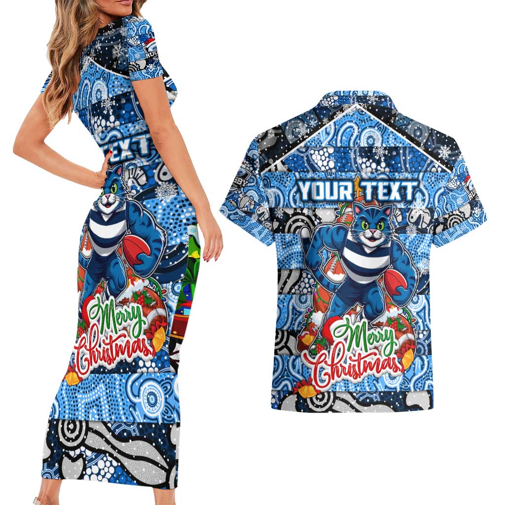 Custom Cats Rugby Merry Christmas Couples Matching Short Sleeve Bodycon Dress and Hawaiian Shirt Indigenous Australian Art