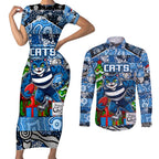 Custom Cats Rugby Merry Christmas Couples Matching Short Sleeve Bodycon Dress and Long Sleeve Button Shirt Indigenous Australian Art