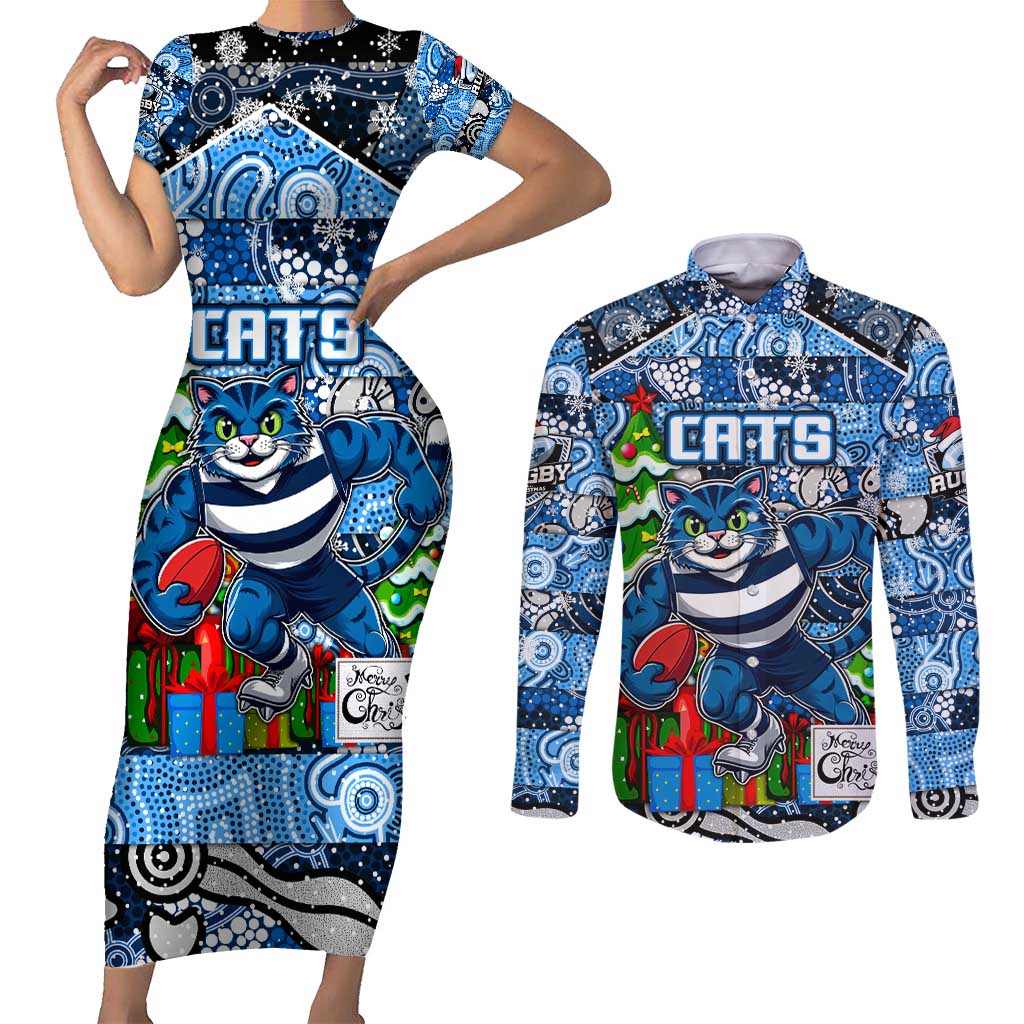 Custom Cats Rugby Merry Christmas Couples Matching Short Sleeve Bodycon Dress and Long Sleeve Button Shirt Indigenous Australian Art