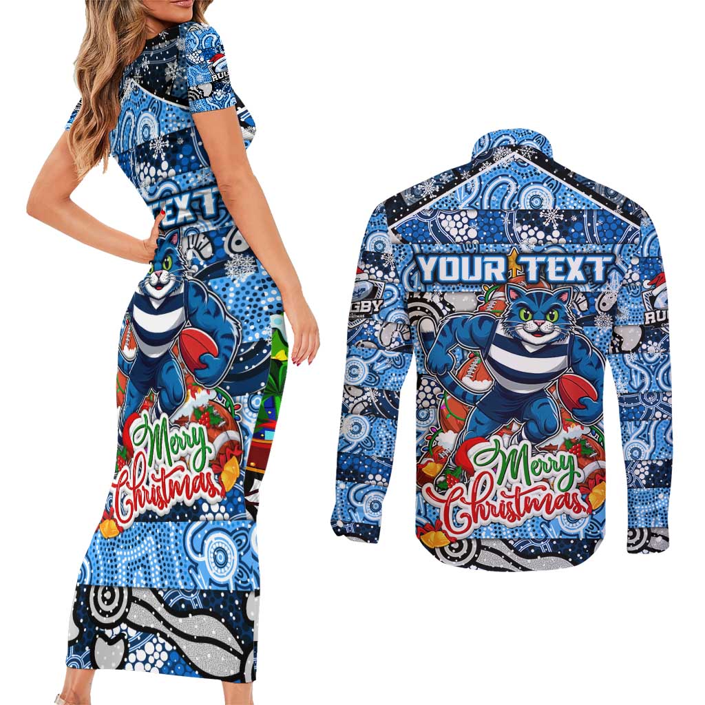 Custom Cats Rugby Merry Christmas Couples Matching Short Sleeve Bodycon Dress and Long Sleeve Button Shirt Indigenous Australian Art
