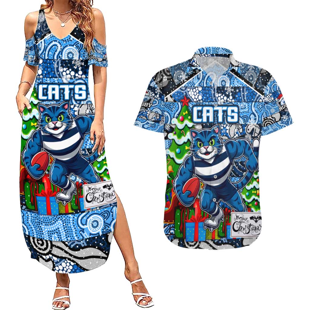 Custom Cats Rugby Merry Christmas Couples Matching Summer Maxi Dress and Hawaiian Shirt Indigenous Australian Art
