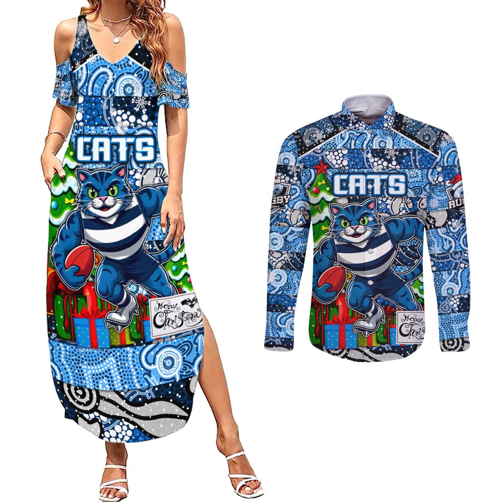 Custom Cats Rugby Merry Christmas Couples Matching Summer Maxi Dress and Long Sleeve Button Shirt Indigenous Australian Art