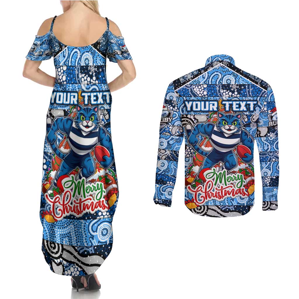 Custom Cats Rugby Merry Christmas Couples Matching Summer Maxi Dress and Long Sleeve Button Shirt Indigenous Australian Art
