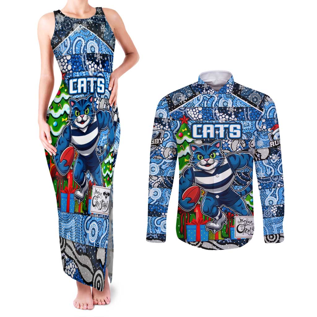 Custom Cats Rugby Merry Christmas Couples Matching Tank Maxi Dress and Long Sleeve Button Shirt Indigenous Australian Art