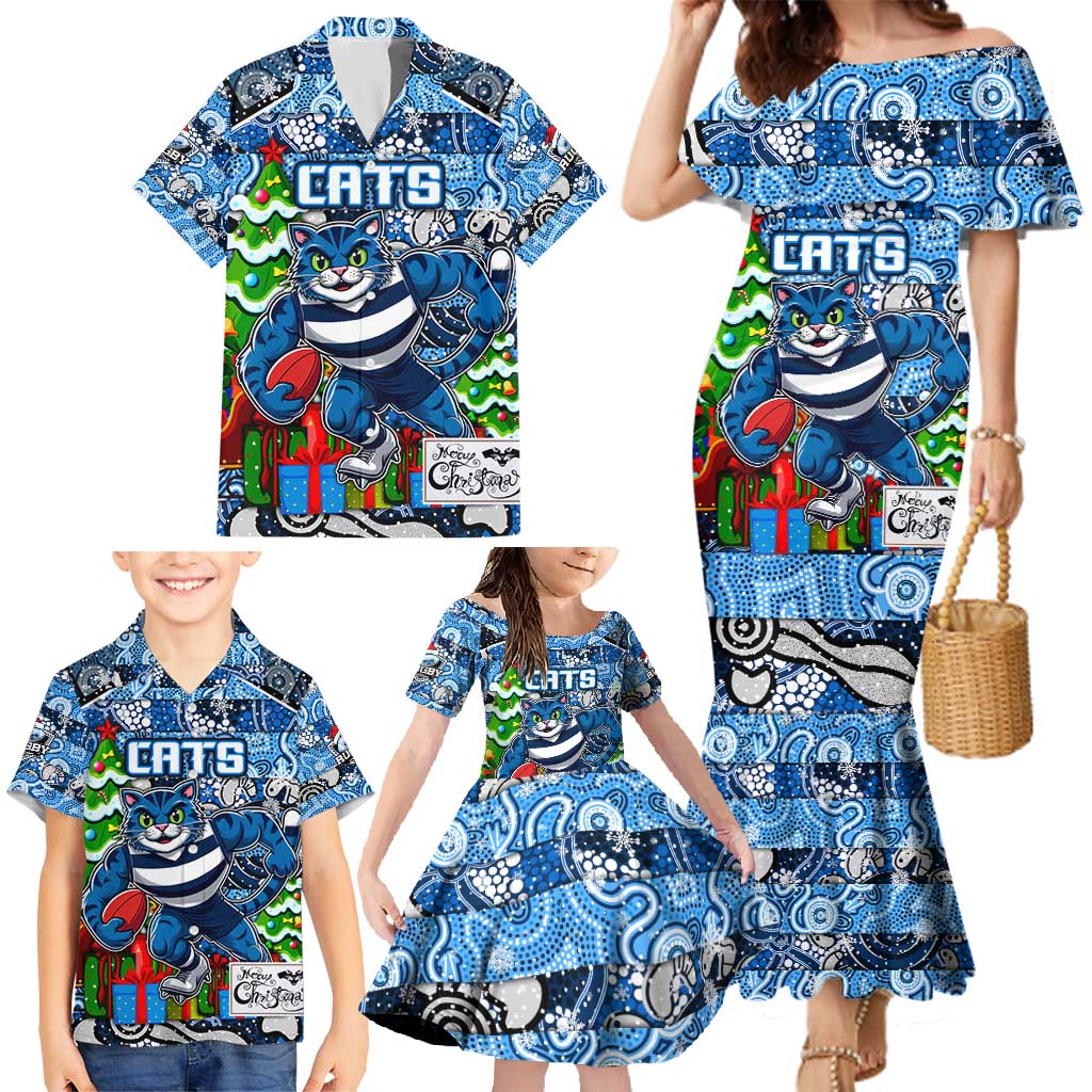 Custom Cats Rugby Merry Christmas Family Matching Mermaid Dress and Hawaiian Shirt Indigenous Australian Art