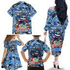 Custom Cats Rugby Merry Christmas Family Matching Off The Shoulder Long Sleeve Dress and Hawaiian Shirt Indigenous Australian Art