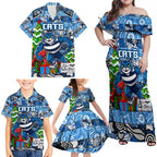 Custom Cats Rugby Merry Christmas Family Matching Off Shoulder Maxi Dress and Hawaiian Shirt Indigenous Australian Art