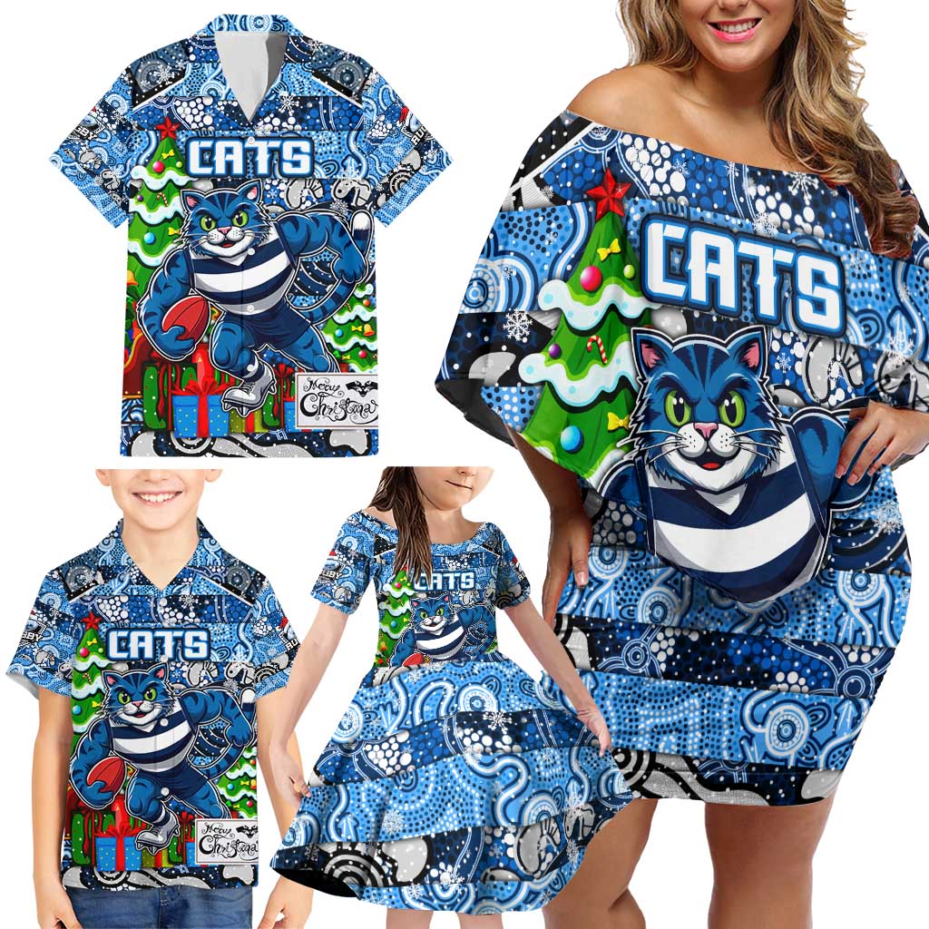 Custom Cats Rugby Merry Christmas Family Matching Off Shoulder Short Dress and Hawaiian Shirt Indigenous Australian Art